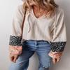 Layered Beige Floral Blouse with Textured Knit and Drawstring V Neck,Beige,(US 12-14) L view 4