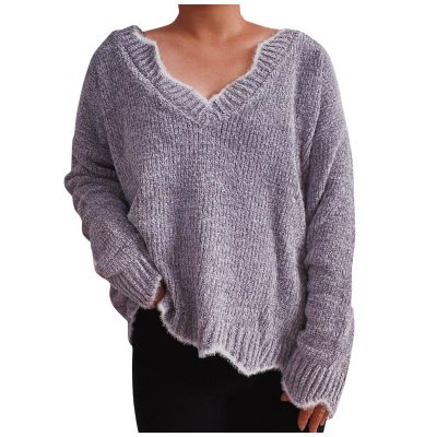 Akklian Furry Cute Sweaters for Women V Neck Wavy Hem Long Sleeve Casual Knitwear 2025 Fall Fashion Y2K Pullover Jumper Tops Gray