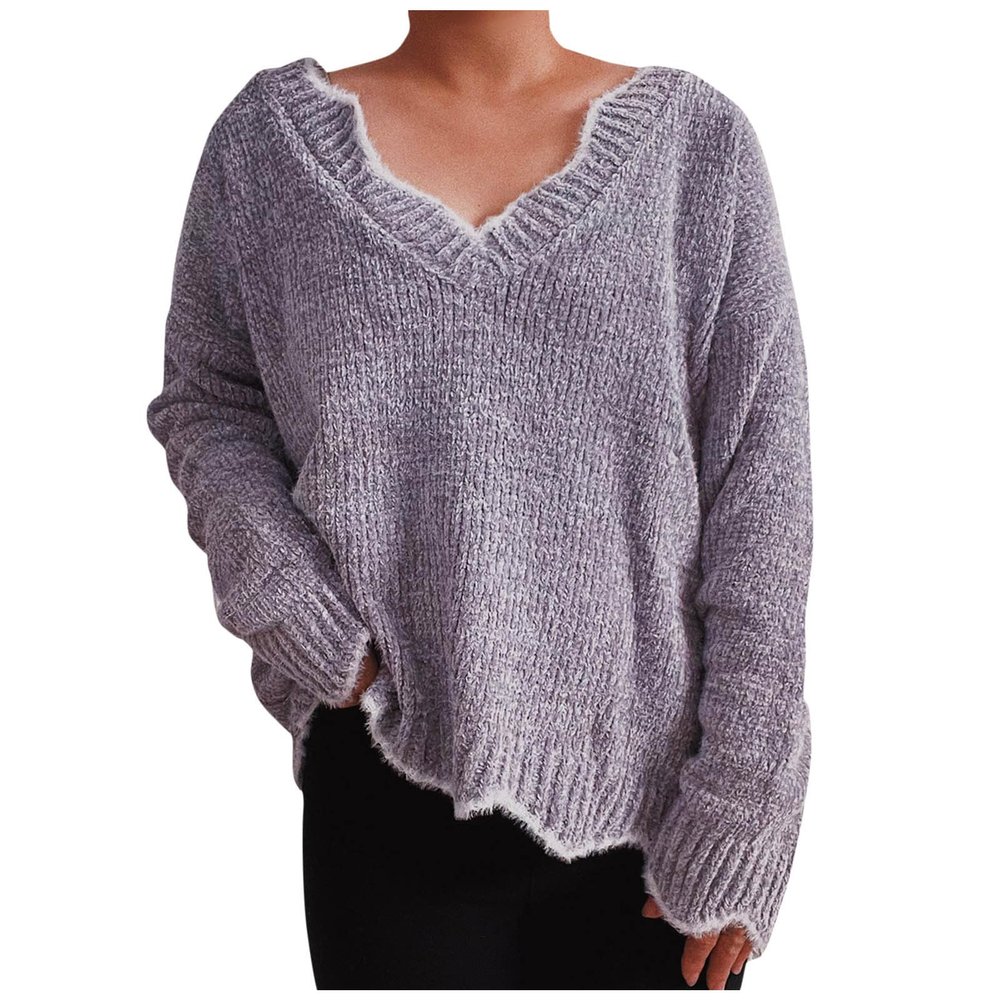 Akklian Furry Cute Sweaters for Women V Neck Wavy Hem Long Sleeve Casual Knitwear 2025 Fall Fashion Y2K Pullover Jumper Tops Gray