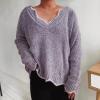 Akklian Furry Cute Sweaters for Women V Neck Wavy Hem Long Sleeve Casual Knitwear 2025 Fall Fashion Y2K Pullover Jumper Tops Gray view 2