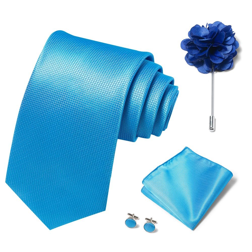 Solid Color Ties Set Men Handkerchief Cufflinks Brooch 3.15 inches Classic Formal Necktie Pocket Square Set (Light Blue 2)