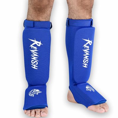 Fadi Sports Revansh Shin Instep Guards - Unisex High-Impact Foam Leg Protectors for MMA, Muay Thai, Kickboxing, BJJ, Karate, Taekwondo - Ergonomic Design, Sizes XXXS to XL (Blue, X-Large)
