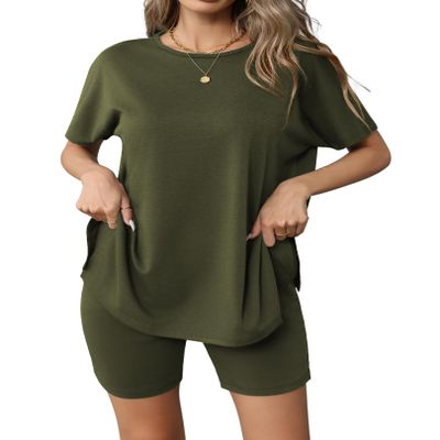 Ekouaer Women's 2 Piece Lounge Set 2026 Summer Biker Shorts Set Outfits Short Sleeve Oversized Top Matching Tracksuit Army Green M