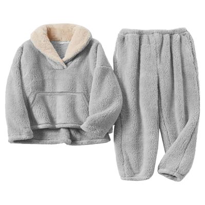 FSVABY Womens 2 Piece Fluffy Pajama Lounge Set Loose Pullover Pants Sleepwear with Pockets (Z-Grey-Pocket, Small)