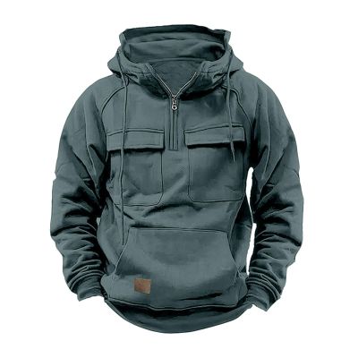 Hoodies for Men Quarter Zip Aztec Pullover Tactical Jacket Fall Vintage Outdoor Hooded Cargo Sweatshirts Multi Pocket