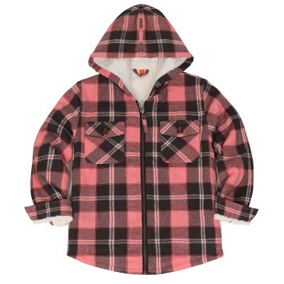 ThCreasa Little Kids Girls Hooded Flannel Jacket Sherpa Lined Zip Up Buffalo Plaid Flannel Shacket Coat Winter Shirt Jackets Pink XL 14