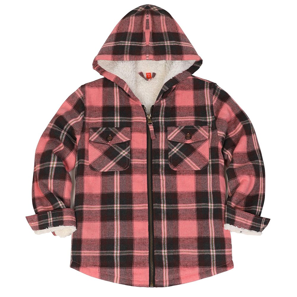 ThCreasa Little Kids Girls Hooded Flannel Jacket Sherpa Lined Zip Up Buffalo Plaid Flannel Shacket Coat Winter Shirt Jackets Pink XL 14