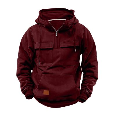Hoodies for Men Quarter Zip Aztec Pullover Tactical Jacket Fall Vintage Outdoor Hooded Cargo Sweatshirts Multi Pocket
