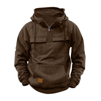 Hoodies for Men Quarter Zip Aztec Pullover Tactical Jacket Fall Vintage Outdoor Hooded Cargo Sweatshirts Multi Pocket