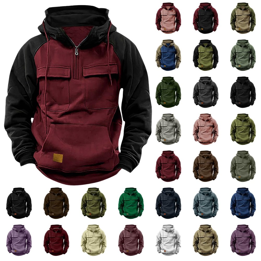 Hoodies for Men Quarter Zip Aztec Pullover Tactical Jacket Fall Vintage Outdoor Hooded Cargo Sweatshirts Multi Pocket