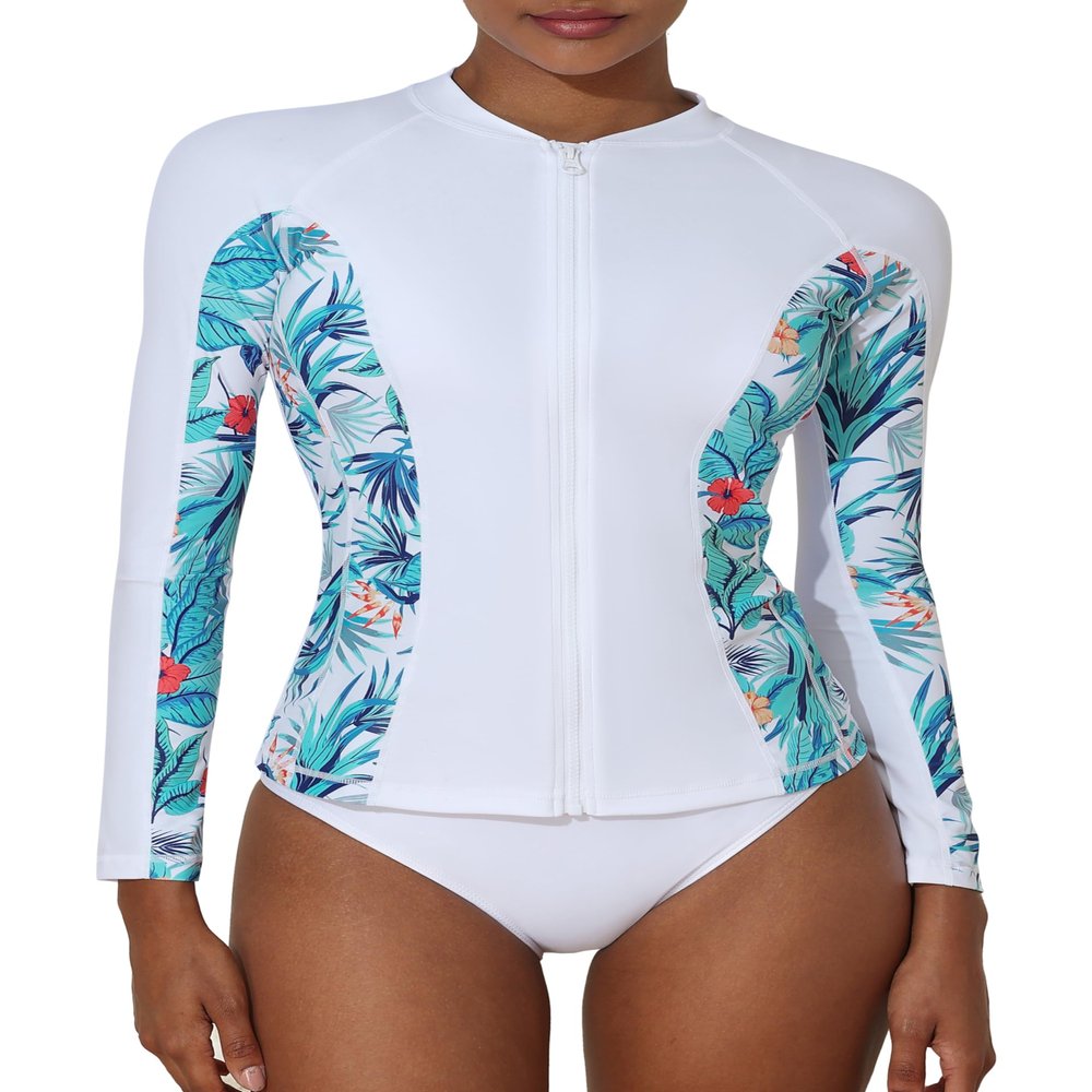 ATTRACO Rash Guard for Women Long Sleeve Rashguard Swimsuit Zip Front Swim Shirt UPF 50+ S Floral White