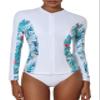 ATTRACO Rash Guard for Women Long Sleeve Rashguard Swimsuit Zip Front Swim Shirt UPF 50+ S Floral White