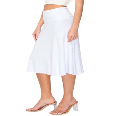 Forestyle 2325 Women's Solid Flared Lightweight High Waist Pull On Closure Stretchy A-Line Foldable Midi Skirt White M