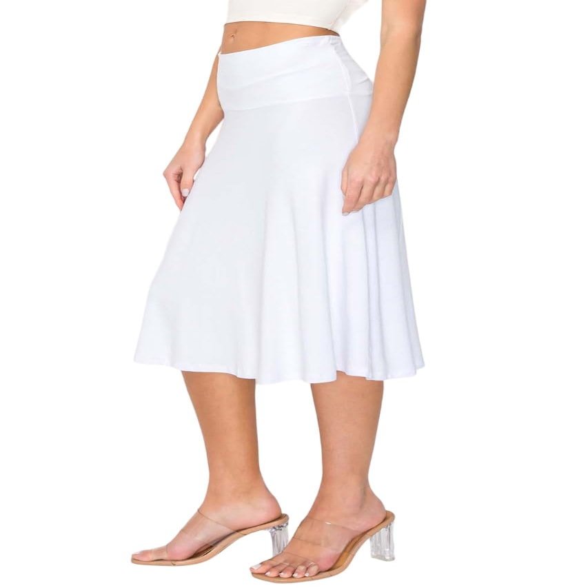 Forestyle 2325 Women's Solid Flared Lightweight High Waist Pull On Closure Stretchy A-Line Foldable Midi Skirt White M