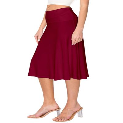 Forestyle 2325 Women's Solid Flared Lightweight High Waist Pull On Closure Stretchy A-Line Foldable Midi Skirt Wine M