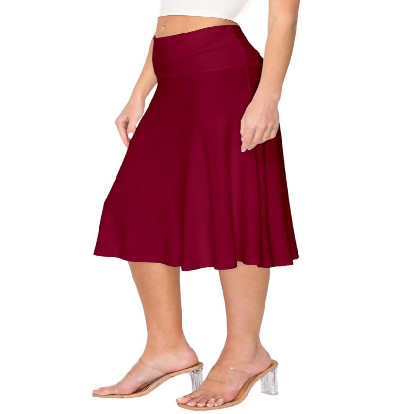 Forestyle 2325 Women's Solid Flared Lightweight High Waist Pull On Closure Stretchy A-Line Foldable Midi Skirt Wine M