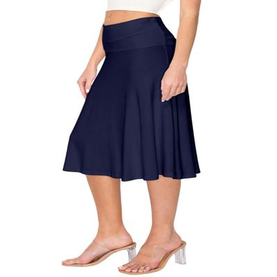 Forestyle 2325 Women's Solid Flared Lightweight High Waist Pull On Closure Stretchy A-Line Foldable Midi Skirt Navy M