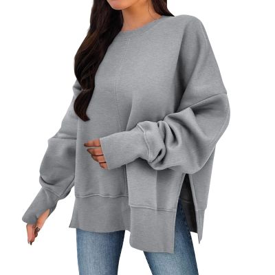 Womens Fall Oversized Pullover Tops 2025 Trendy Crew Neck Plain Comfy Sweatshirts Casual Side Split Loose Y2K Blouse White