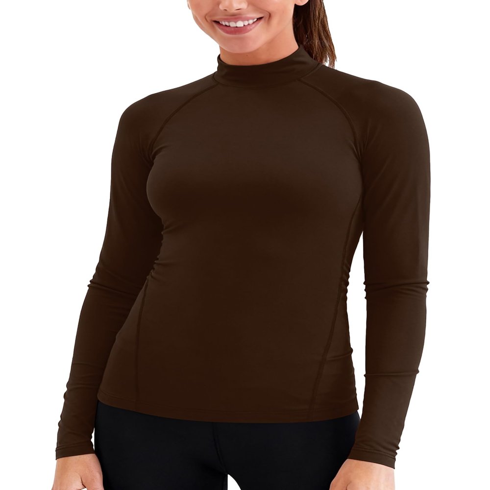 Zengjo Mock Neck Long Sleeve Tops for Women Athletic Workout(Brown,M)