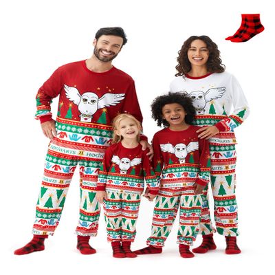 Harry Potter Family Christmas Pajamas Matching Sets Hogwarts Xmas Pjs Hedwig Owl Christmas Tree Top and Pant Set Red for Couples His and Hers Men L