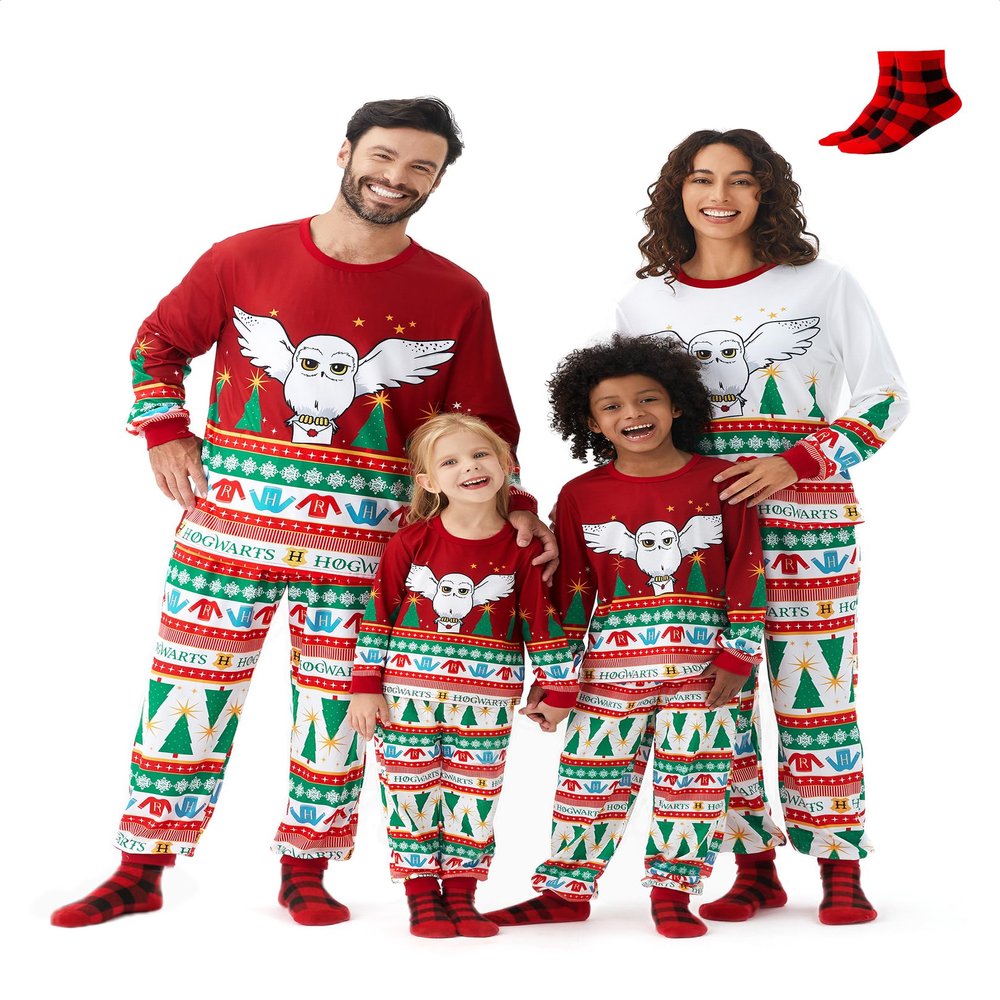 Harry Potter Family Christmas Pajamas Matching Sets Hogwarts Xmas Pjs Hedwig Owl Christmas Tree Top and Pant Set Red for Couples His and Hers Men L