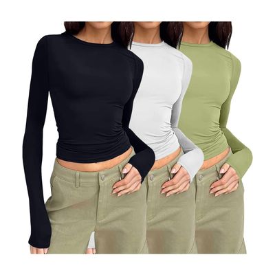 Womens Fashion Y2K Tops, Long Sleeve Crew Neck Crop Tops for Women,Basic Casual Slim Fit Teen Girl Clothes Outdoor