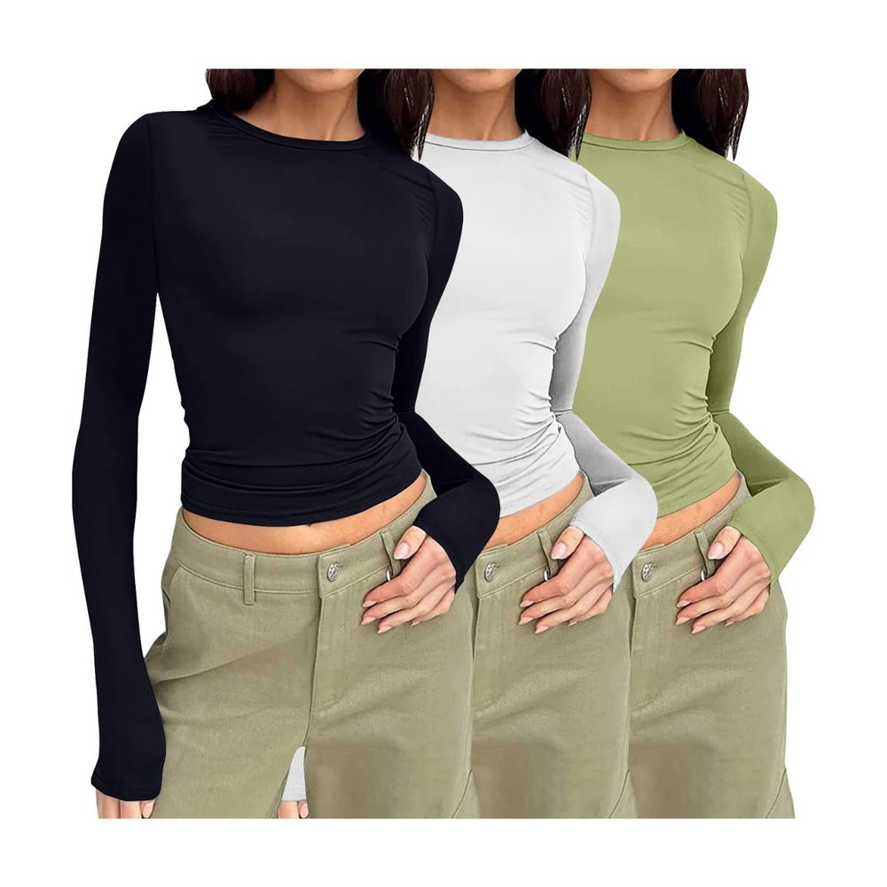 Womens Fashion Y2K Tops, Long Sleeve Crew Neck Crop Tops for Women,Basic Casual Slim Fit Teen Girl Clothes Outdoor