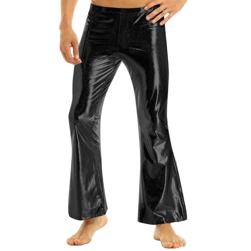 Jowowha Men's Metallic Shiny Pants 70s Party Dance Club Vintage Disco Bell Bottoms Flared Trousers Dude Costume Black X-Large