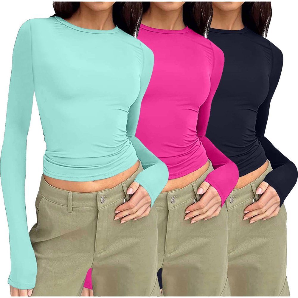 Womens Fashion Womens Fashion Y2K Tops, Long Sleeve Crew Neck Crop Tops for Women,Basic Casual Slim Fit Teen Girl Clothes Outdoor