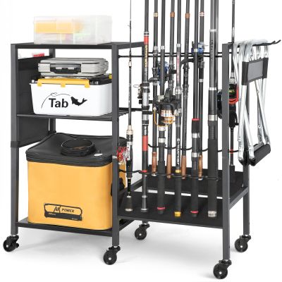 Olakee Rolling Fishing Rod Holder for Garage, 12 Fishing Pole Rack with Tackle Storage Organizer, Mobile Fishing Gear Cart for Rods, Reels & Equipment Box, Heavy Duty Gift for Men Dad Anglers (Black)