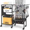 Olakee Rolling Fishing Rod Holder for Garage, 12 Fishing Pole Rack with Tackle Storage Organizer, Mobile Fishing Gear Cart for Rods, Reels & Equipment Box, Heavy Duty Gift for Men Dad Anglers (Black) view 1