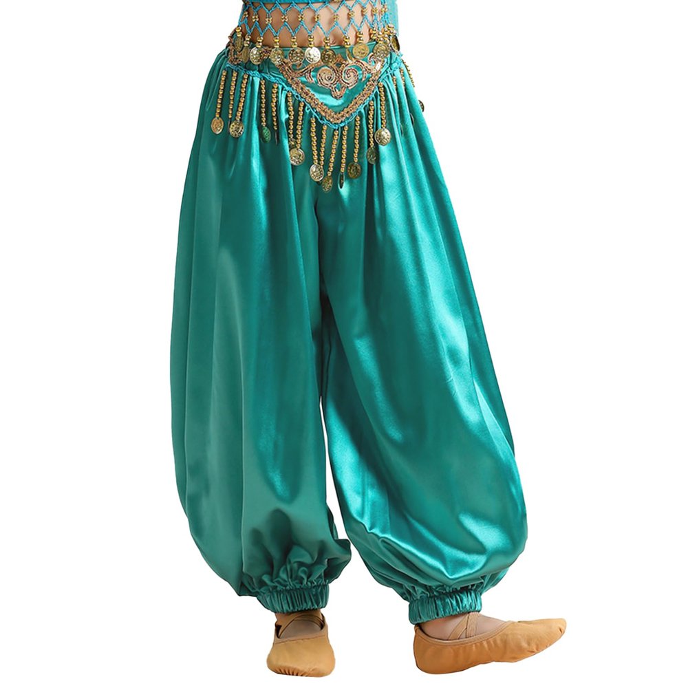 JEATHA Kids Girls Belly Dance Harem Pants Tribal Arabic Princess Halloween Satin Trousers Palazzo Pants B Peacock Blue 11-12 Years