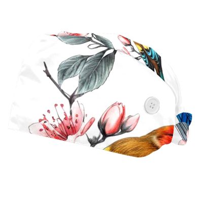 2 Pieces Scrub Caps Women Scrub Caps Women Ponytail Surgical Bouffant Caps for Women for Hospital Birds Branch Flowers Multicoloured