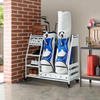 Lauren&Harold Golf Bag Organizer - Fits 2 Bags, Clubs & Accessories - Garage, Shed, Basement Storage, White