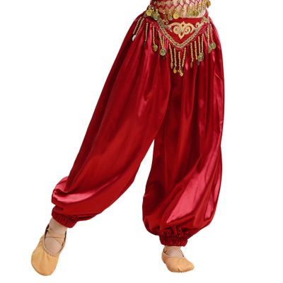 JEATHA Kids Girls Belly Dance Harem Pants Tribal Arabic Princess Halloween Satin Trousers Palazzo Pants B Burgundy 9-10 Years