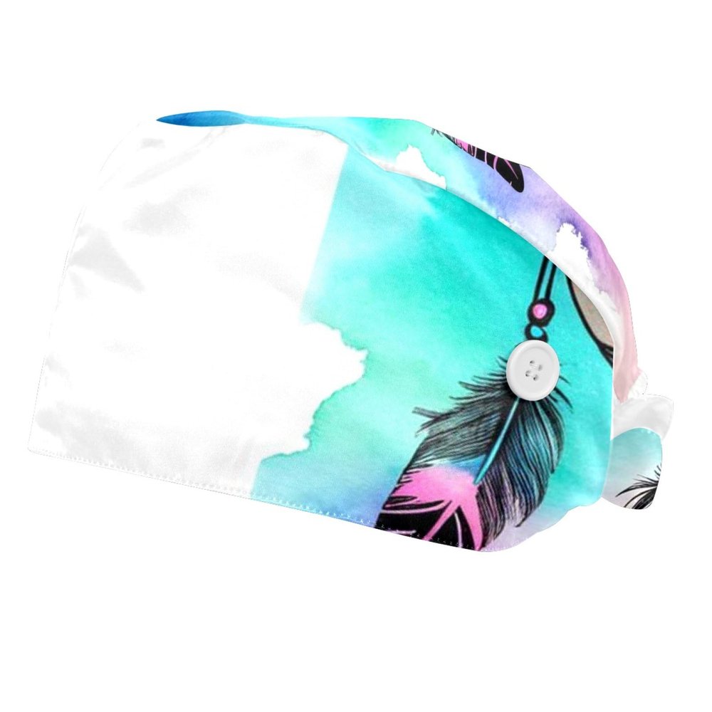 2 Pieces Scrub Caps Women Scrub Caps Women Satin Lined Scrub Caps Surgical Women for Hospital Feather Dream Catcher Multicoloured