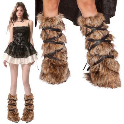 Kalastussaari Furry Leg Warmers, 11.8 in Long Fluffy Viking Leg Warmers With Leather Wrap For Boots, Cosplay Warrior Accessory
