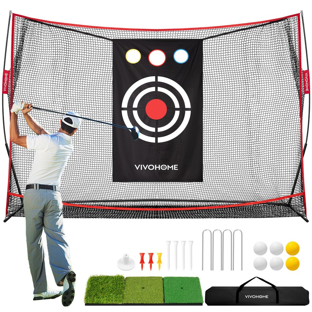VIVOHOME 10 x 7ft Golf Net for Hitting, Chipping, Driving Training, Heavy Duty Golf Practice Net for Indoor, Backyard, Garage, with Mat, Target Cloth, 8 Tees, 6 Balls, Carry Bag