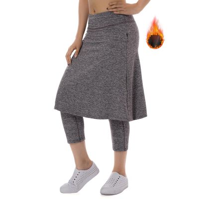 Xioker Women Fleece Skirts with 3/4 Leggings,Knee Length Skirts Leggings Thermal&Winter Skirted Capris Skorts with Pockets(Khaki 2XL)