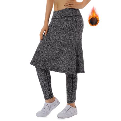 Women Fleece Skirts Zipper Leggings,Knee Length Skirts Leggings Thermal&Winter Skirted Capris Skorts Zipper Pockets(Grey Charcoal Full Length L)