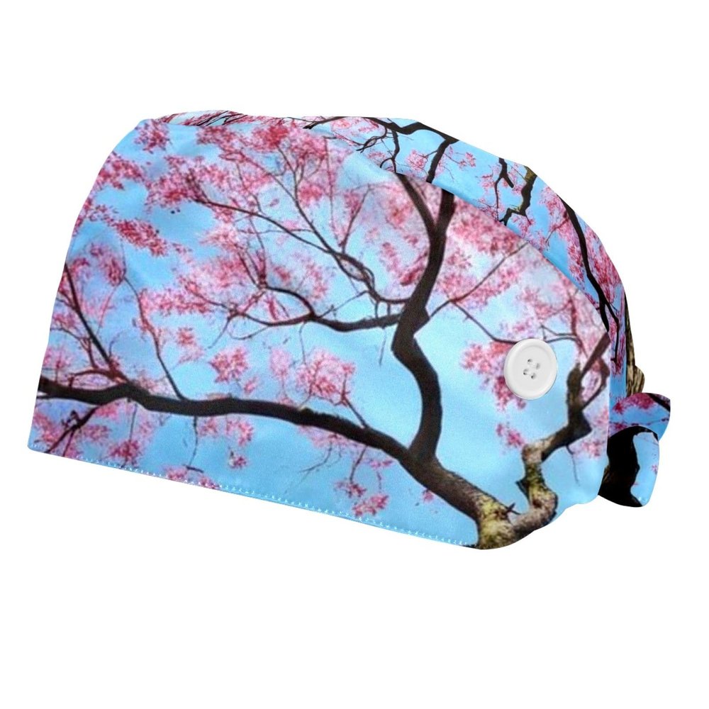 2 Pieces Scrub Caps Women Ponytail Scrub Cap Nursing Hats for Women for Nurse Pink Sun Lapacho Tree