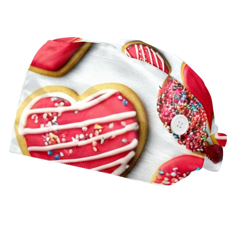 2 PiecesScrub Caps Women,Ponytail Scrub Cap,Nurse Scrub Cap,for Kitchen,Heart Cookies Multicoloured
