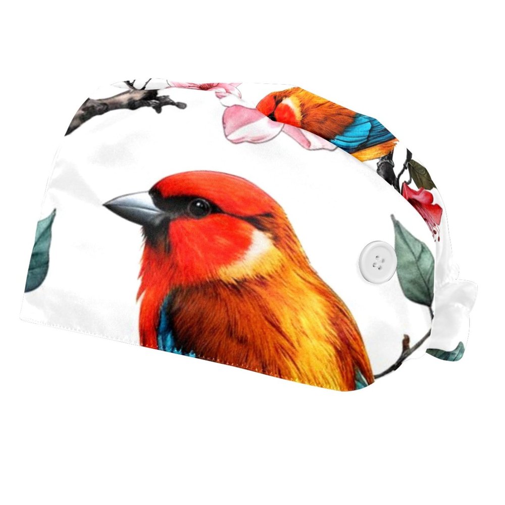 2 Pieces Scrub Caps Women Scrub Caps Women Ponytail Surgical Scrub Cap for Home Chrry Branch Birds Flowers Multicoloured