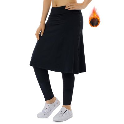 Women Fleece Skirts Zipper Leggings,Knee Length Skirts Leggings Thermal&Winter Skirted Capris Skorts Zipper Pockets(Black Full Length 4XL)