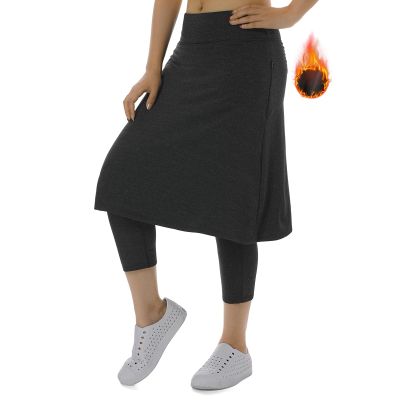 Xioker Women Fleece Skirts with 3/4 Leggings,Knee Length Skirts Leggings Thermal&Winter Skirted Capris Skorts with Pockets(Black Charcoal 2XL)