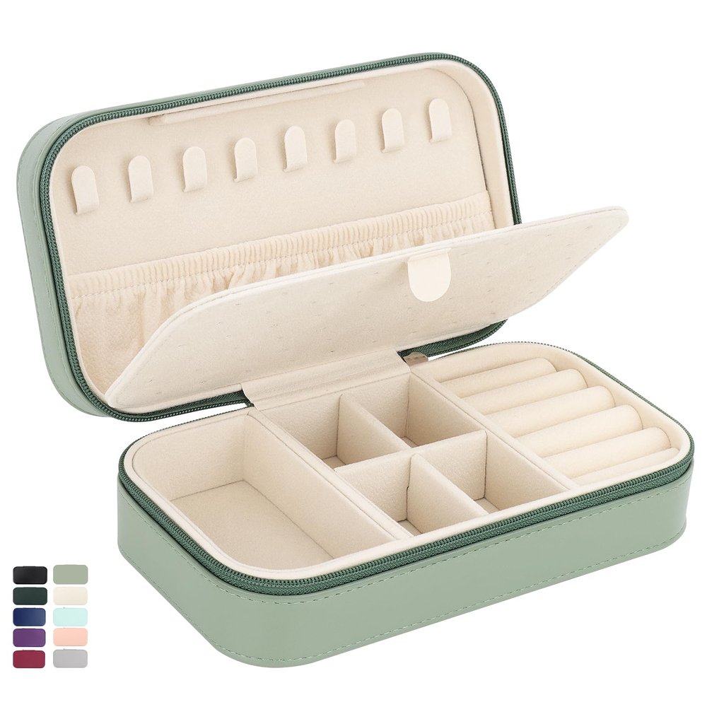 DesignSter Travel Jewelry Box, PU Leather Portable Jewelry Case, Small Jewelry Boxes for Gifts, Travel Jewelry Organizer for Women Rings Earrings Necklaces Bracelets (Avocado Green)