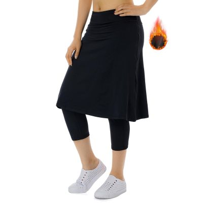 Xioker Women Fleece Skirts with 3/4 Leggings,Knee Length Skirts Leggings Thermal&Winter Skirted Capris Skorts with Pockets(Black XS)