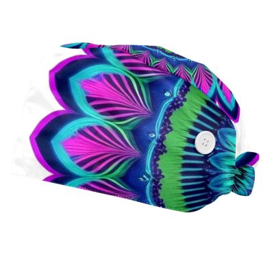 2 Pieces Scrub Caps Women Ponytail Scrub Cap Surgical Caps for Beauty Salon Floral Cicle Shapes Mandala Multicoloured