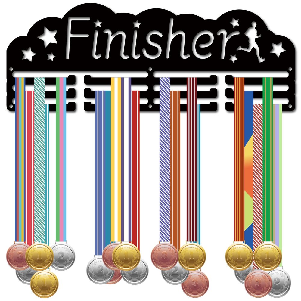 CREATCABIN Finisher Sport Medal Hanger Iron Medal Holder Display Wall Mounted Badge Ribbon Exhibition Rack 3 Lines Separate Hooks for Basketball Football Running Athlete Winners 15.7x5.9in