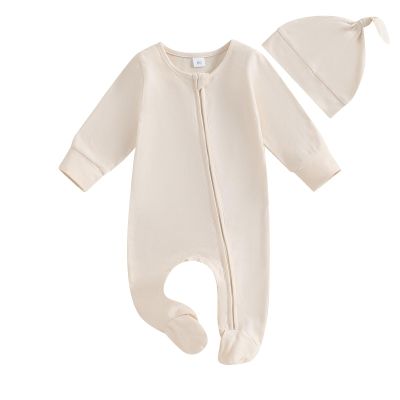 4t Bodysuit with Snap Newborn Infant Baby Boys Girls Footie Romper Solid Zipper Jumpsuit Baby Home (Beige, 3-6 Months)